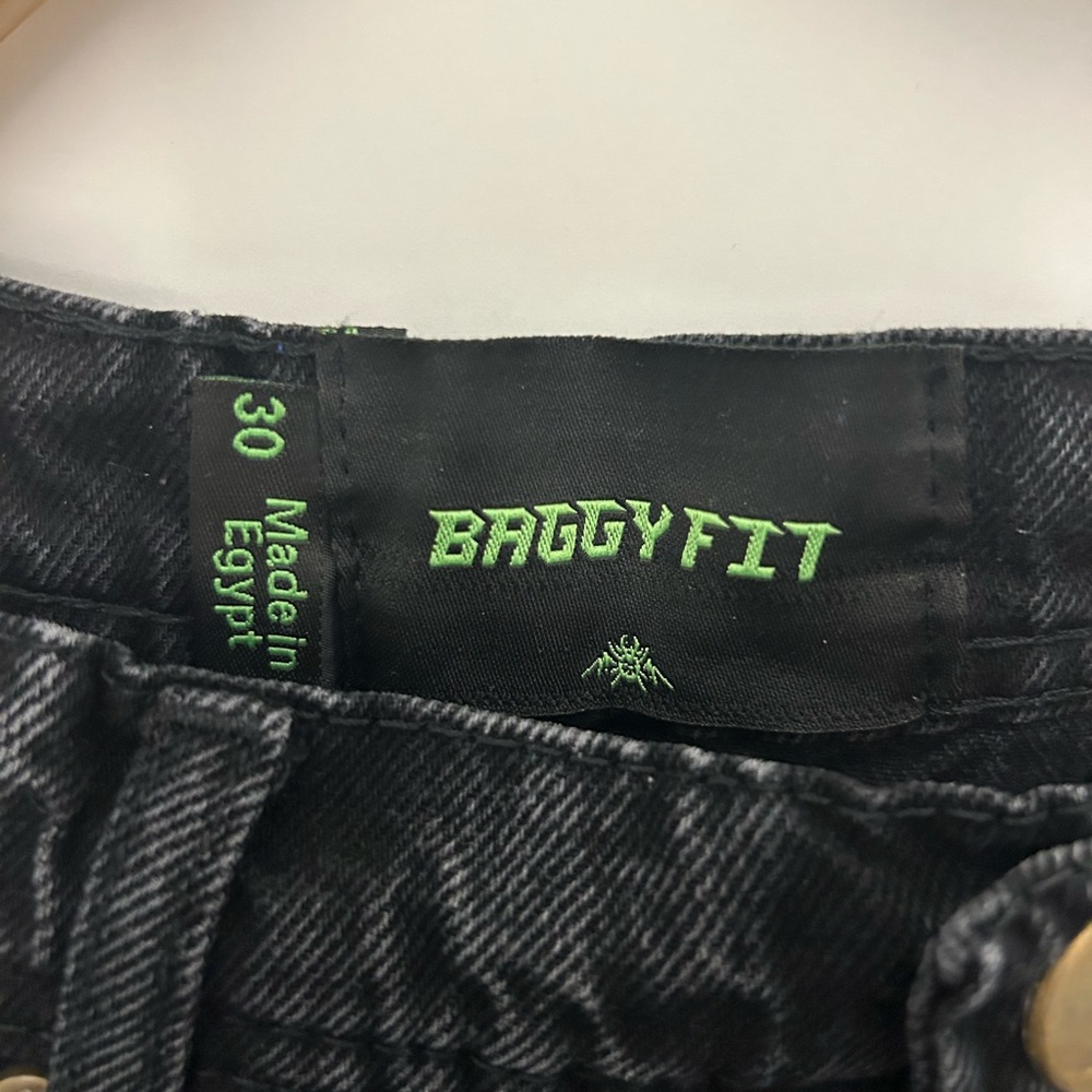 Baggy Fit Black Denim Jeans with Neon Green Label